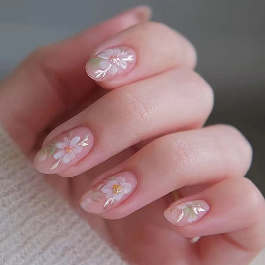 Floral Peach Nails-1593- Free 4 pc nail kit included