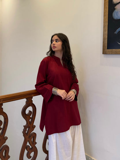 Redish Maroon Classic Farshi Set - 2 pc Stitched