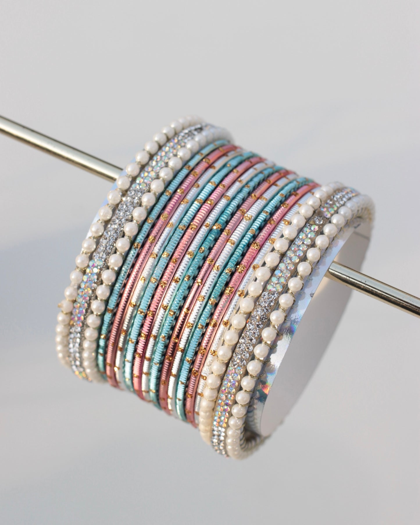 Luminous Bloom Bangle Set-Pink,Silver & Blue