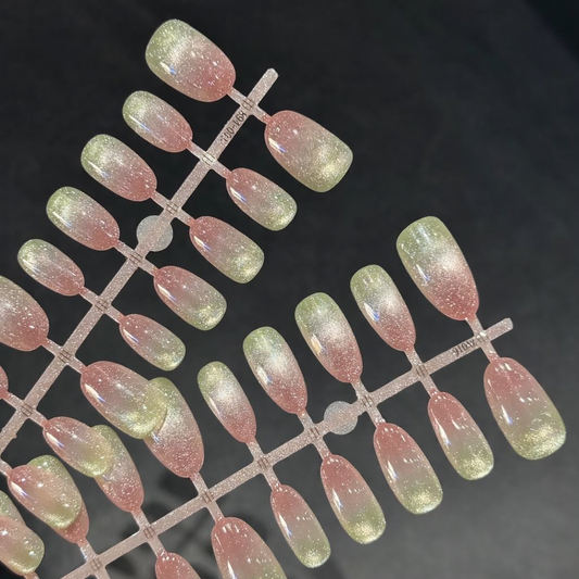 [PREMIUM] Handmade Cat-eye Reflective Nails-408- (Long Round shape- 30 nails) Free 24 pc Sticker Sheet  included