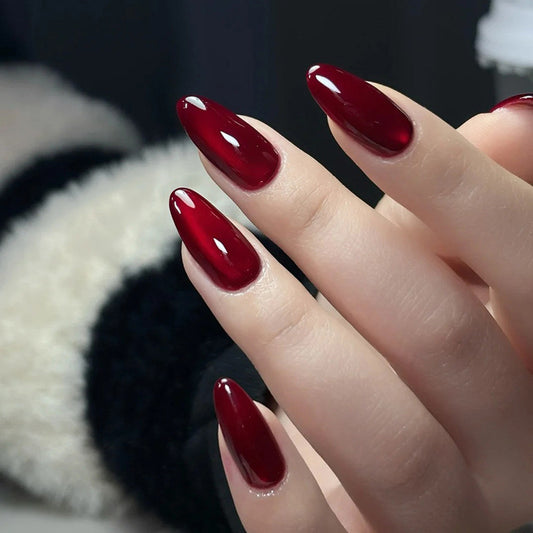 Cat-eye Red Nails-203-Medium Length Almond nails- Free 24 pc Sticker Sheet included