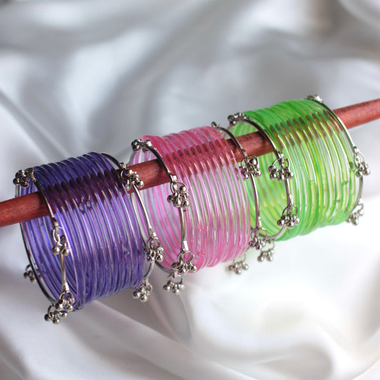 Jellyglow Jelly Glass Kashmiri Bangle Set-2 Silver Bangles with Glass Churiyaan
