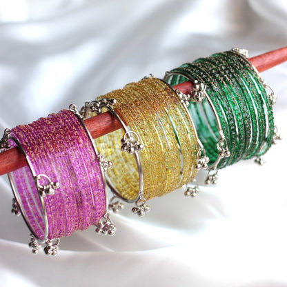 Mehfil Raindrop Kashmiri Bangle Set-2 Silver Bangles with Glass Churiyaan