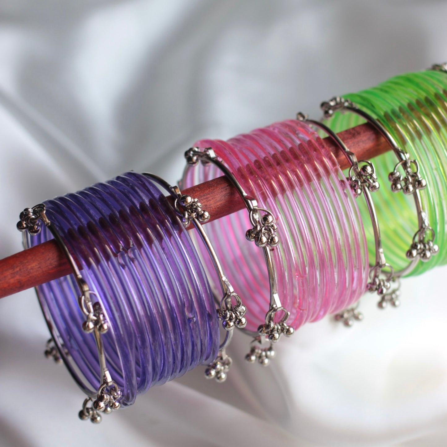 Jellyglow Jelly Glass Kashmiri Bangle Set-2 Silver Bangles with Glass Churiyaan