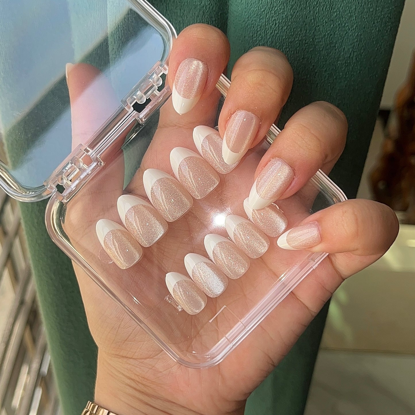 [PREMIUM] Handmade French Cat-eye Shimmer Nails - 818- Free 24 pc Sticker Sheet included