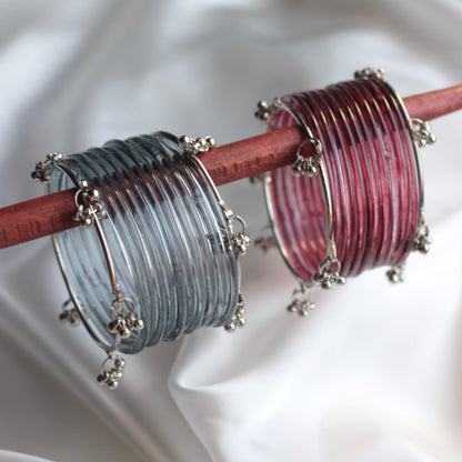 Jellyglow Jelly Glass Kashmiri Bangle Set-2 Silver Bangles with Glass Churiyaan