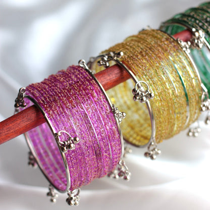 Mehfil Raindrop Kashmiri Bangle Set-2 Silver Bangles with Glass Churiyaan