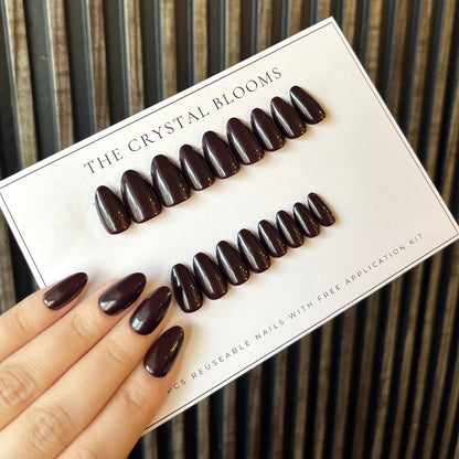 Nails-22DXS- Blackish Maroon Almond nails- Free 24pc Sticker Sheet included