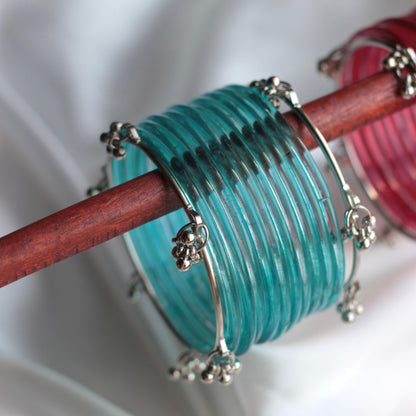 Jellyglow Jelly Glass Kashmiri Bangle Set-2 Silver Bangles with Glass Churiyaan (Copy)