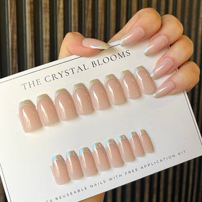 [Premium] Glitter French Nails-Mid length Square nails- 2326-Free 24-PC- Sticker Sheet included