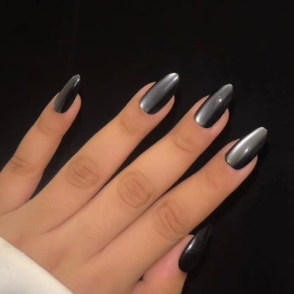 Cat-eye reflective Black/grey Nails-Almond nails- 86-Free 24-pc Sticker Sheet included