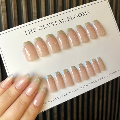 [Premium] Glitter French Nails-Mid length Square nails- 2326-Free 24-PC- Sticker Sheet included