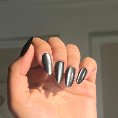 Cat-eye reflective Black/grey Nails-Almond nails- 86-Free 24-pc Sticker Sheet included