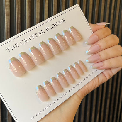 [Premium] Glitter French Nails-Mid length Square nails- 2326-Free 24-PC- Sticker Sheet included