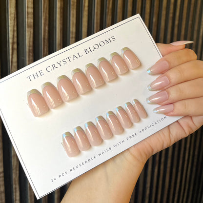 [Premium] Glitter French Nails-Mid length Square nails- 2326-Free 24-PC- Sticker Sheet included